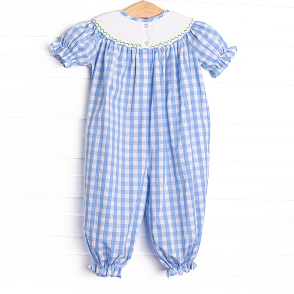 Wild Turkey Smocked Long Romper, Blue