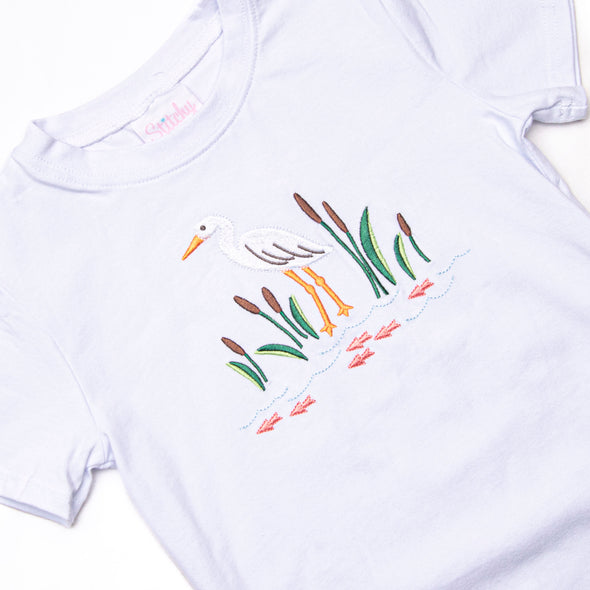 Cattails and Cranes Embroidered Short Set, Blue