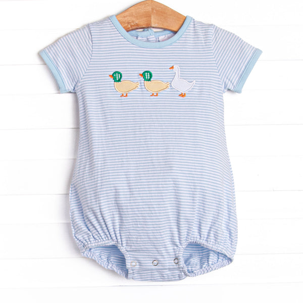  We tagged the cutest styles for you! This bubble features a blue striped print, snaps on the stride, and two ducks and a goose applique. 