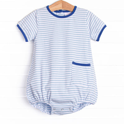 The Jack Pocket Bubble is featured in a light blue striped print, short sleeves, and royal blue trim.