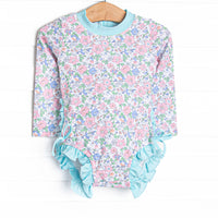 Pink Magnolia Long Sleeve One Piece Rash Guard, Blue