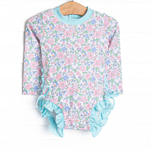 Pink Magnolia Long Sleeve One Piece Rash Guard, Blue