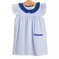  This dress features a precious royal blue ruffle collar, sweet light blue stripes, and soft knit material. 