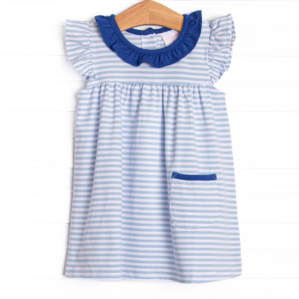  This dress features a precious royal blue ruffle collar, sweet light blue stripes, and soft knit material. 