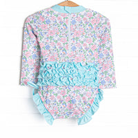 Pink Magnolia Long Sleeve One Piece Rash Guard, Blue