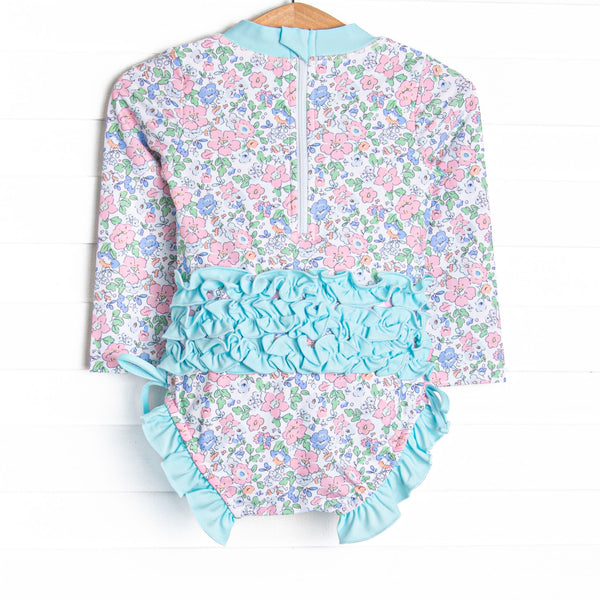 Pink Magnolia Long Sleeve One Piece Rash Guard, Blue