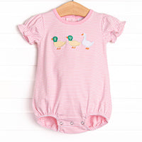 We tagged the cutest styles for you! This bubble features a pink striped print, snaps on the stride, and two ducks and a goose applique. 