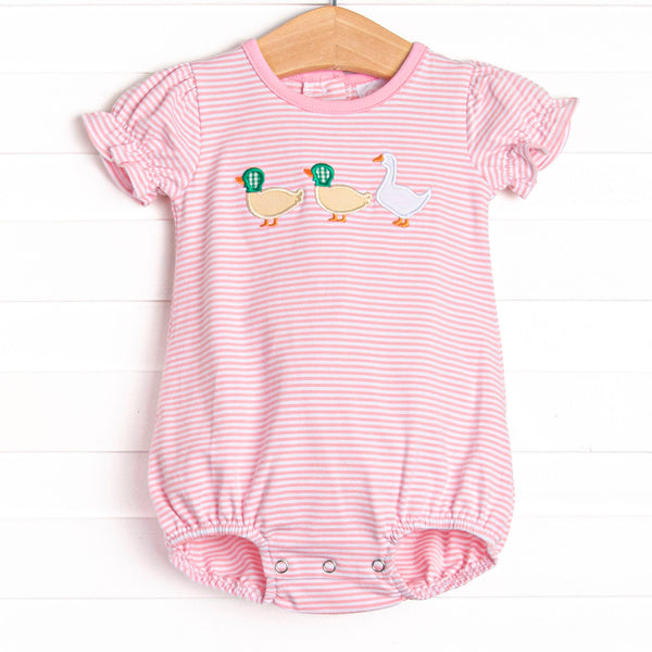  We tagged the cutest styles for you! This bubble features a pink striped print, snaps on the stride, and two ducks and a goose applique. 