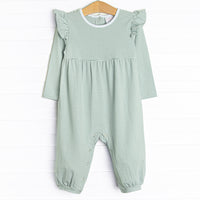 The romper features the softest knit material, snaps in the stride to make changing a breeze, and&nbsp;sage&nbsp;stripes.