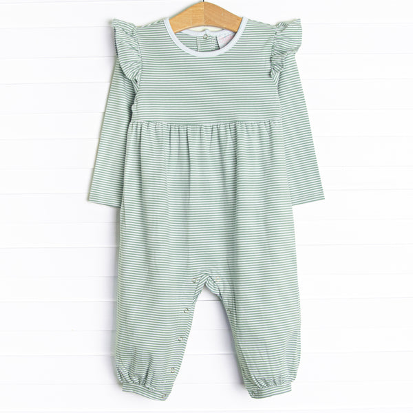 The romper features the softest knit material, snaps in the stride to make changing a breeze, and&nbsp;sage&nbsp;stripes.
