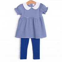  This set features a puff sleeve top in a royal&nbsp; blue striped print with a peter pan collar and royal blue leggings. 