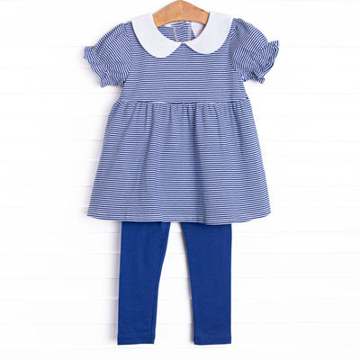  This set features a puff sleeve top in a royal&nbsp; blue striped print with a peter pan collar and royal blue leggings. 