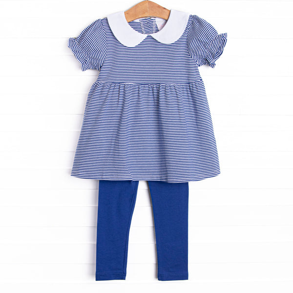  This set features a puff sleeve top in a royal&nbsp; blue striped print with a peter pan collar and royal blue leggings. 
