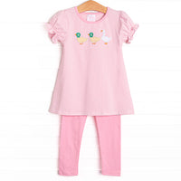 We tagged the cutest styles for you! This set features a pink striped print, puff sleeves, and two ducks and a goose applique. Coordinating pink leggings to match.