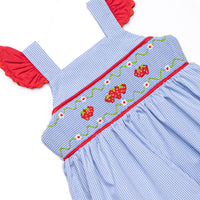 Bitty Dot Berries Smocked Dress, Blue Gingham