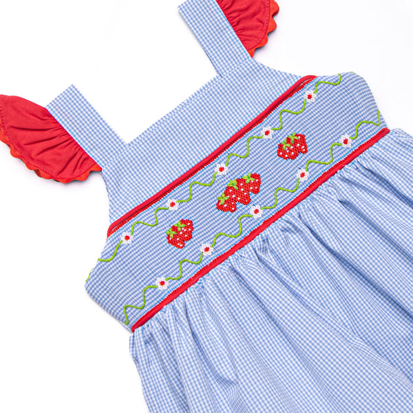 Bitty Dot Berries Smocked Dress, Blue Gingham