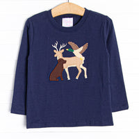 This top features long sleeves, the softest navy blue knit material, sand a deer, dog, and duck applique.