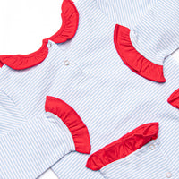 Checking It Twice Applique Ruffle Romper, Blue