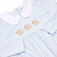 Tail Feather Trio Embroidered Romper, Blue