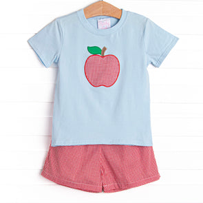 An Apple a Day Applique Short Set, Blue and Red