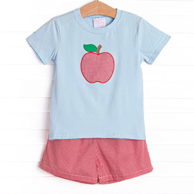 An Apple a Day Applique Short Set, Blue and Red