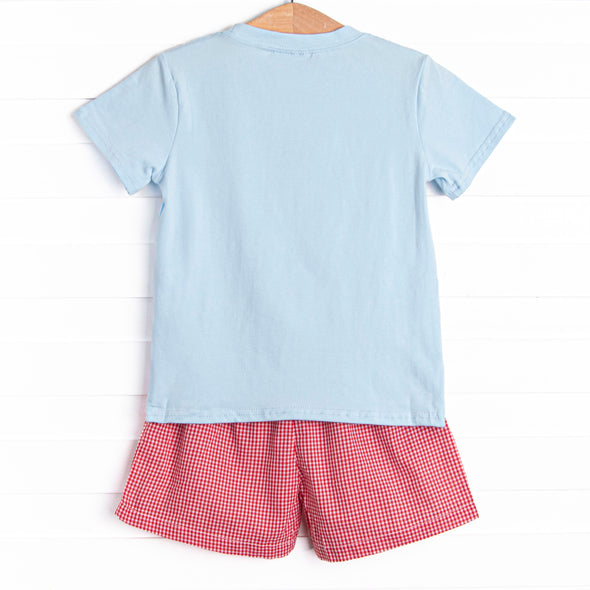 An Apple a Day Applique Short Set, Blue and Red
