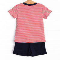 At the Ballpark Pima Embroidered Short Set, Red Stripe