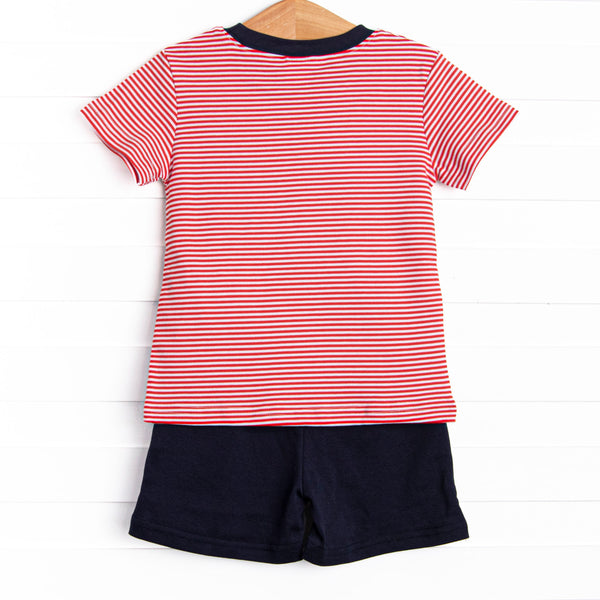 At the Ballpark Pima Embroidered Short Set, Red Stripe