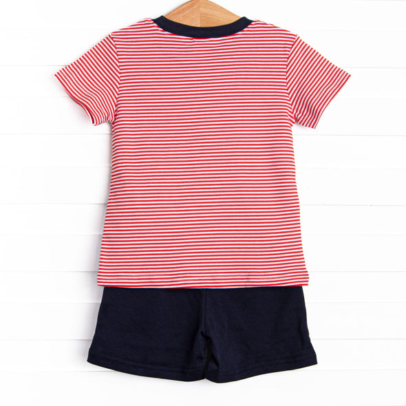 At the Ballpark Pima Embroidered Short Set, Red Stripe
