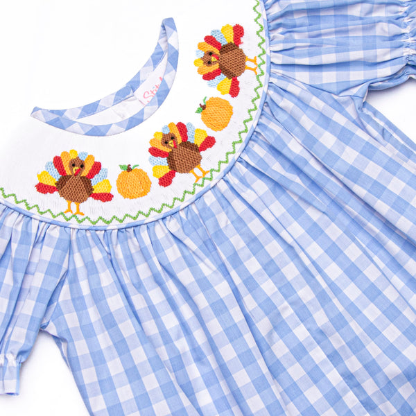 Wild Turkey Smocked Long Romper, Blue