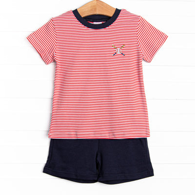 At the Ballpark Pima Embroidered Short Set, Red Stripe
