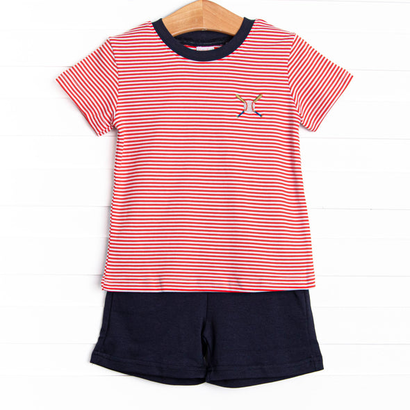 At the Ballpark Pima Embroidered Short Set, Red Stripe