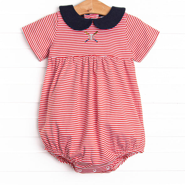 At the Ballpark Pima Embroidered Collared Bubble, Red Stripe
