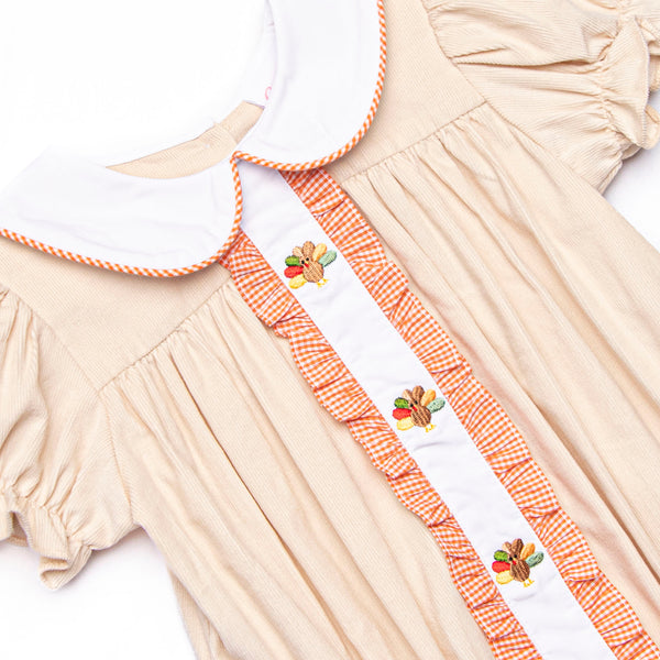 Turkey Trot Embroidered Girl Bubble, Tan