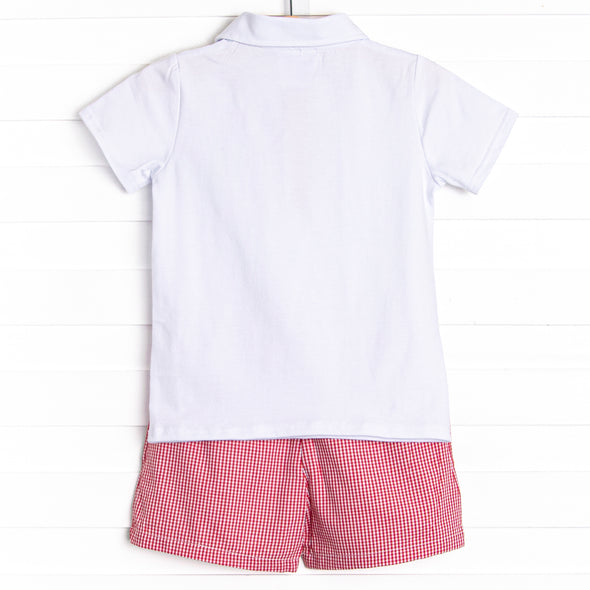 Blue Crab Embroidered Short Set, Red