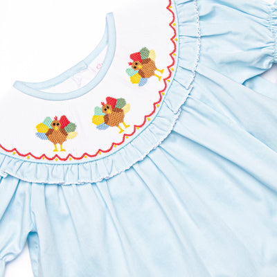 Autumn Gobbles Smocked Diaper Set, Blue Pique