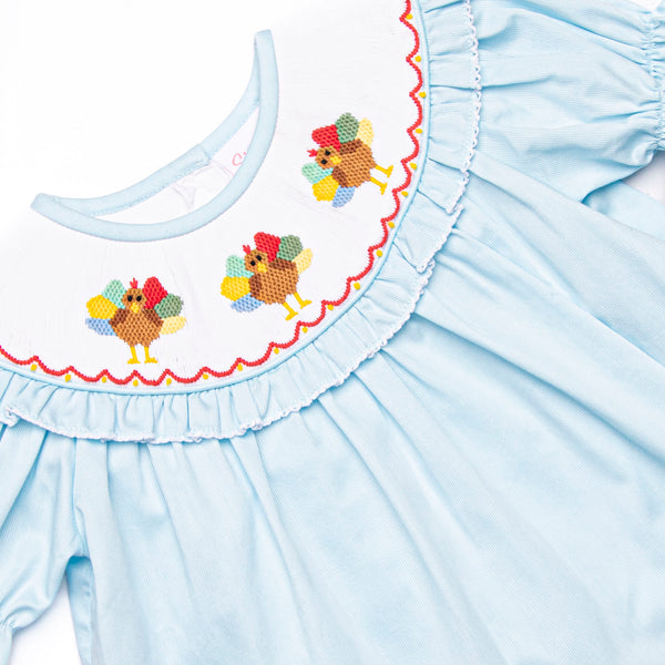 Autumn Gobbles Smocked Diaper Set, Blue Pique