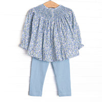 Tea Party Petals Smocked Legging Set, Blue