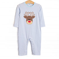 The romper features soft blue stripes, snaps at the stride for extreme changing convenience, and the cutest reindeer applique.