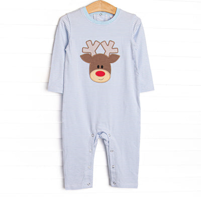 The romper features soft blue stripes, snaps at the stride for extreme changing convenience, and the cutest reindeer applique.