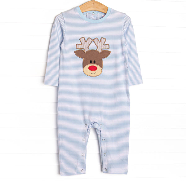 The romper features soft blue stripes, snaps at the stride for extreme changing convenience, and the cutest reindeer applique.