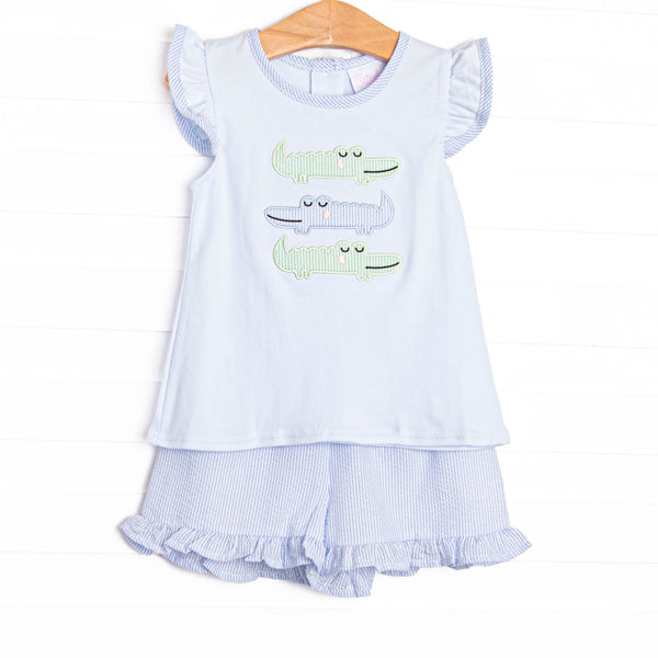 Dundee Darling Applique Ruffle Short Set, Blue