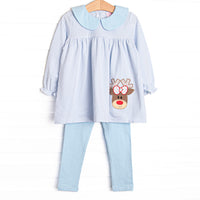  The legging set features soft blue stripes, coordinating blue leggings and collar, and the cutest reindeer applique.&nbsp; 