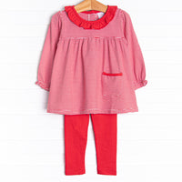 The set features soft knit material, sweet red stripes, and coordinating&nbsp;red leggings to match.