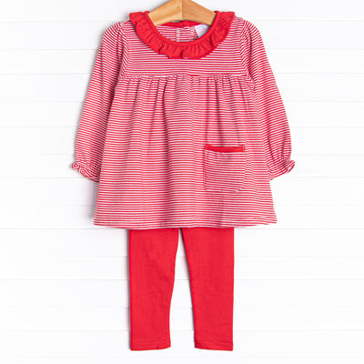 The set features soft knit material, sweet red stripes, and coordinating&nbsp;red leggings to match.