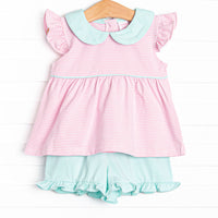 Pippa Flutter Sleeve Short Set, Mint and Light Pink Stripe