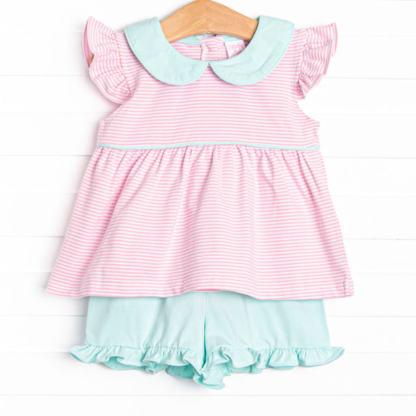 Pippa Flutter Sleeve Short Set, Mint and Light Pink Stripe