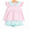 Pippa Flutter Sleeve Short Set, Mint and Light Pink Stripe