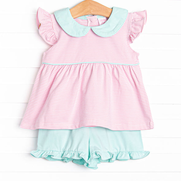 Pippa Flutter Sleeve Short Set, Mint and Light Pink Stripe