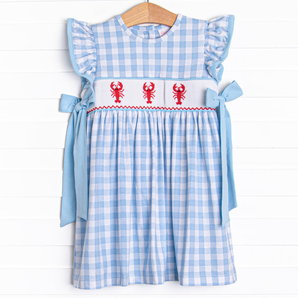 Off Land Lobster Smocked Side Tie Dress, Blue